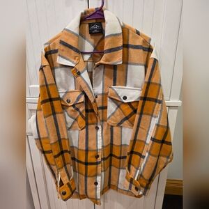 HFX Plaid Fleece Shacket in Mustard, White & Blue
